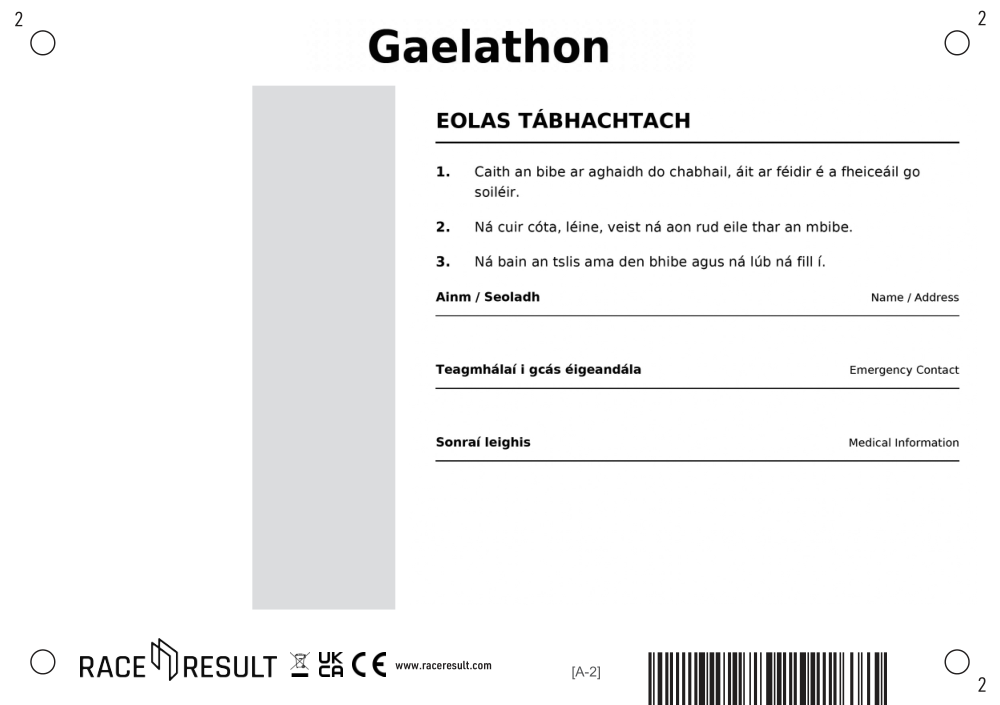 The reverse of a Gaelathon race bib with Irish race-day instructions and bilingual form labels